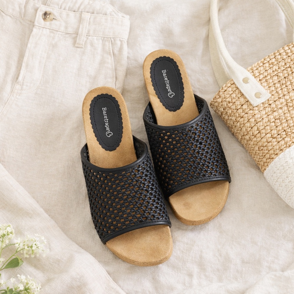 Baretraps Black Woven Slide Sandals Cork Wedge Comfort Size 9M